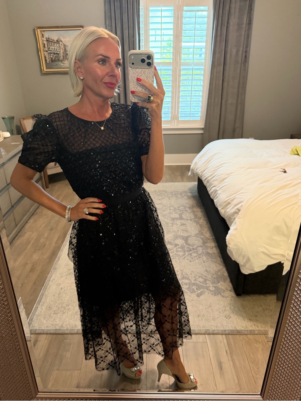 Self-Portrait Black Lace Midi Dress with Puff Sleeves - Picture 2 of 7